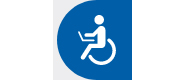 Icon weiß Rollstuhlfahrer mit Laptop auf den Beinen